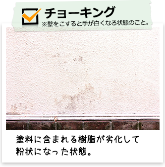 チョーキング（※壁をこすると手が白くなる状態のこと）：塗料に含まれる樹脂が劣化して粉状になった状態。